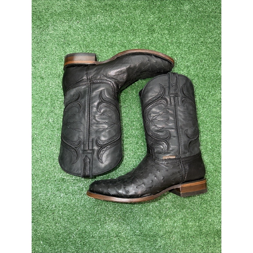 Texas Country Men's Black Ostrich Print Western Cowboy Boots Size 8 Leather